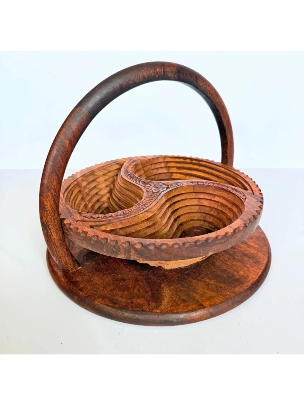 Whimsical Cottagecore Wooden Paisley Collapsible Trivet Fruit & Nut Basket Bowl